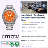 A Citizen Watches AW1840-50X Brycen (UPC 013205165979) with an orange dial, made from Super Titanium and powered by Eco-Drive technology, is shown beside a Google business listing for Lexor Miami—a retailer offering sunglasses, watches, and perfumes. The listing displays a store photo, address, hours of operation, and customer reviews.