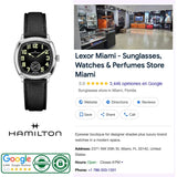 A cushion-shaped Hamilton Watches H36129730 American Classic Cushion Mechanical wristwatch with a black dial, Arabic numerals, and a black leather strap, shown next to a digital store listing for a Miami boutique.