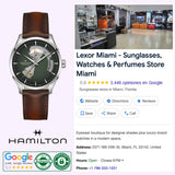 Showcasing the Hamilton Watches Jazzmaster Open Heart Auto H32675560 by Hamilton Watches, featuring a brown leather strap, elegantly displayed within a boutique setting. The Google listing highlights Lexor Miami as a top-rated destination for sunglasses and men's luxury watches.