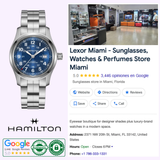 The Hamilton Watches Khaki Field Auto 42mm H70605140 in silver is displayed against the stylish Lexor Miami store interior, with store details including address, contact information, and Google ratings prominently featured. Customer reviews, authenticity verification, and secure shopping badges further ensure confidence. This automatic Swiss field watch by Hamilton Watches is elegantly presented to emphasize its blend of sophistication and dependable performance.