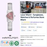 A Hamilton Watches Ventura S Quartz H24211170 wristwatch by Hamilton Watches, featuring a distinctive pink triangular face and celebrated for its Swiss precision, is displayed next to a Google listing for Lexor Miami—a luxury eyewear and watch boutique recognized for its sleek modern interior and high customer ratings.