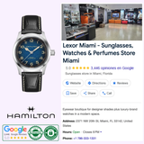The Hamilton Watches Khaki Field Murph 38mm H70405740 by Hamilton Watches is elegantly displayed within the store interior, surrounded by sunglasses and other watches. Also featured is the Google business listing for Lexor Miami, showcasing reviews, location details, and contact information.