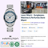Photo collage featuring the Hamilton Watches H82425110 Caqui Azul Marinho SCUBA AUTO 40MM, the interior of Lexor Miami store, store information, Google reviews, contact details, and an authenticity badge. The background showcases a display area for sunglasses and watches, emphasizing the precision of Swiss watchmaking by Hamilton Watches.