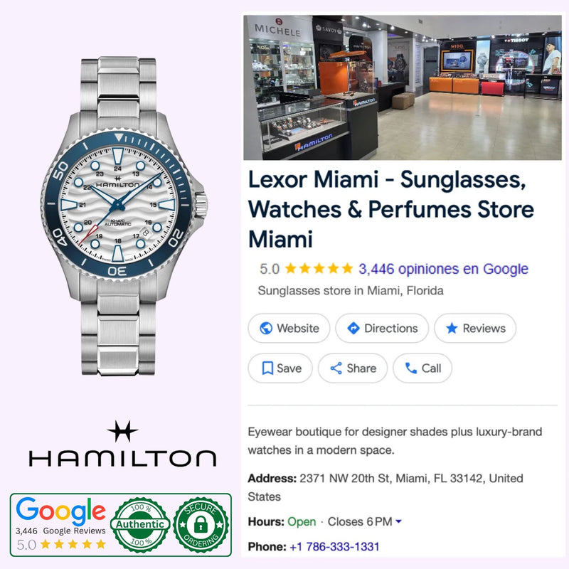 Lexor Miami authorized Hamilton dealer showroom collage with H82425110 authenticity badge