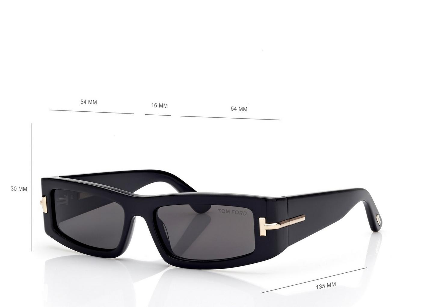 Tom Ford ICON TI0026/S 01Z Sunglasses: rectangular black frames with dark lenses, gold temple accents, and measurements—54 mm lens width, 16 mm bridge, 30 mm lens height, 135 mm arm length; classic designer style.