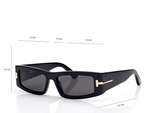 Tom Ford ICON TI0026/S 01Z Sunglasses: rectangular black frames with dark lenses, gold temple accents, and measurements—54 mm lens width, 16 mm bridge, 30 mm lens height, 135 mm arm length; classic designer style.