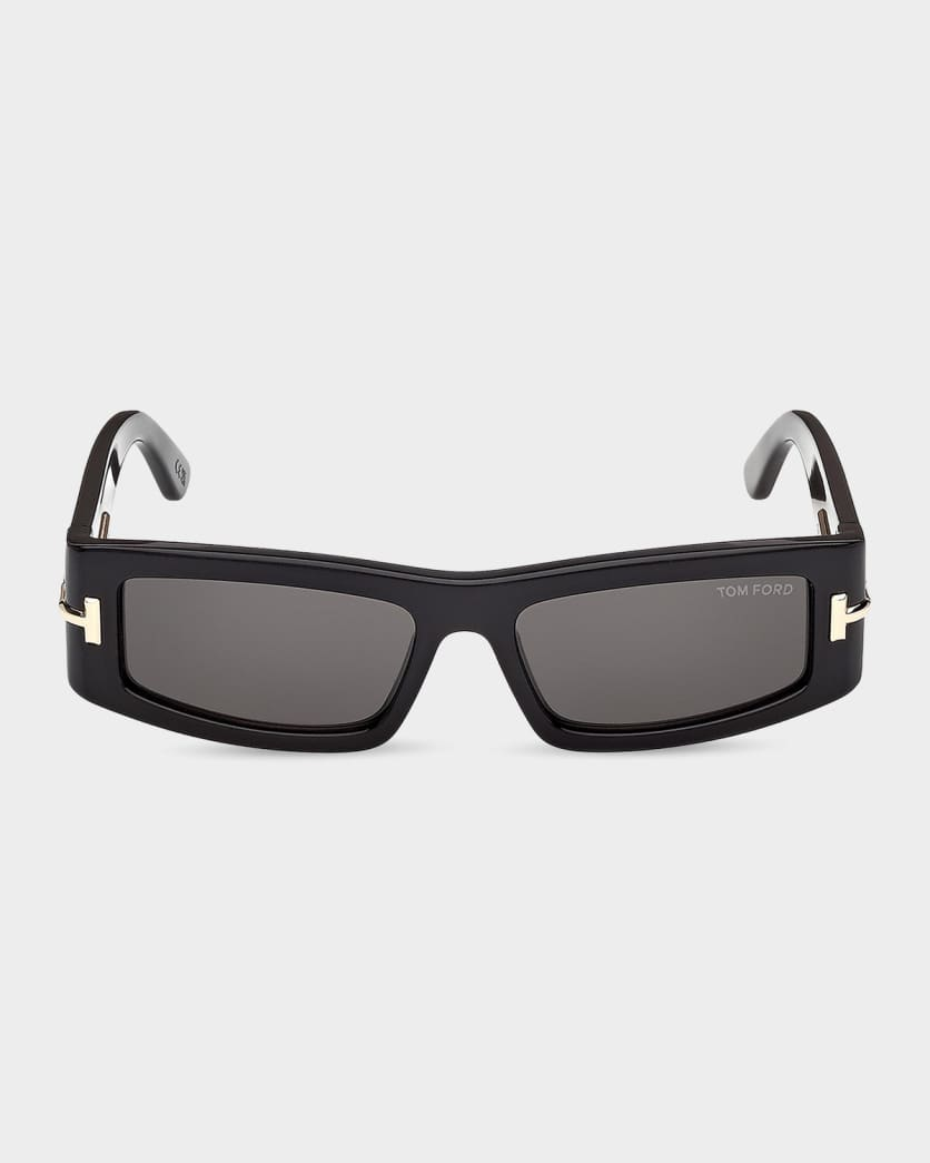 Front view of Tom Ford ICON TI0026/S 01A black rectangular sunglasses with dark lenses, gold temple accents, and a visible Tom Ford logo on the right lens—a refined choice from Tom Ford Sunglasses.
