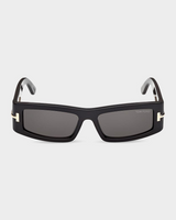 Front view of Tom Ford ICON TI0026/S 01A black rectangular sunglasses with dark lenses, gold temple accents, and a visible Tom Ford logo on the right lens—a refined choice from Tom Ford Sunglasses.