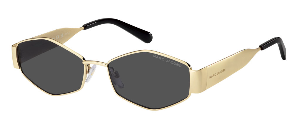The MARC JACOBS Sunglasses MARC 496/SHI/US RHL GOLD BLACK feature gold geometric frames, black lenses, and black-tipped arms with the brand name on the arms and inside the right lens, reflecting modern luxury style.