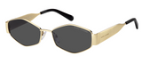 The MARC JACOBS Sunglasses MARC 496/SHI/US RHL GOLD BLACK feature gold geometric frames, black lenses, and black-tipped arms with the brand name on the arms and inside the right lens, reflecting modern luxury style.
