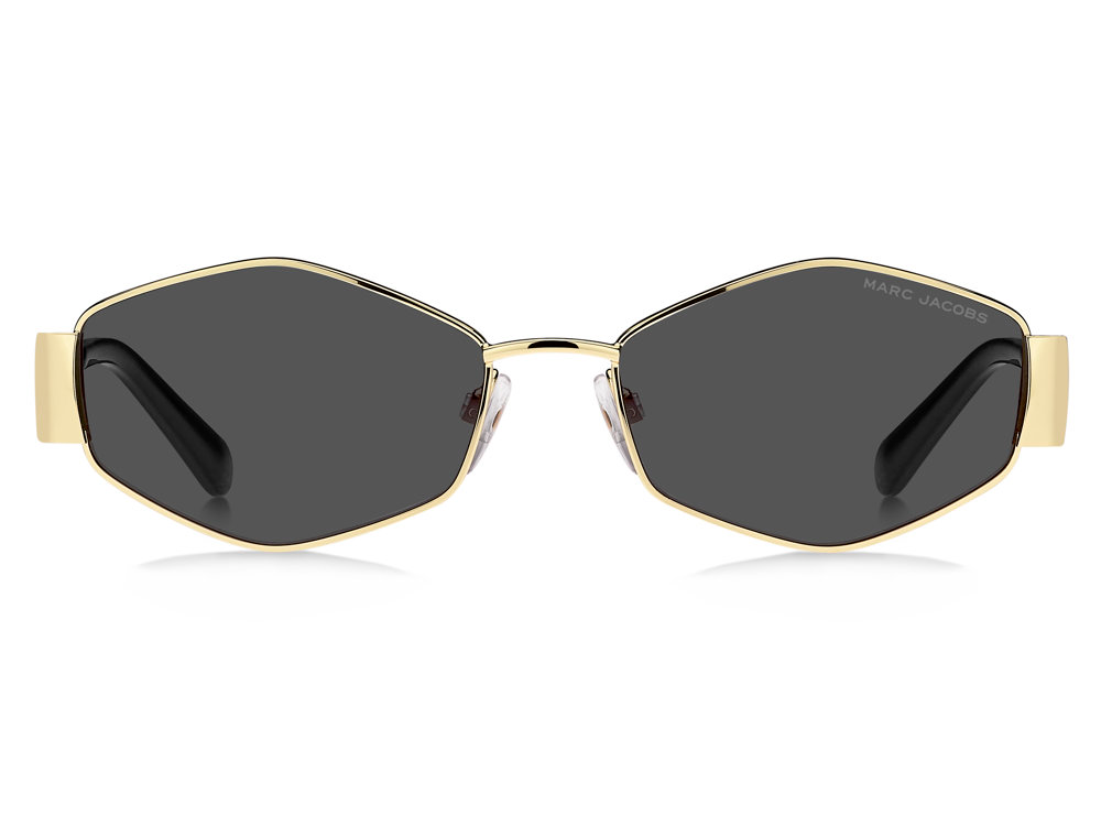 MARC JACOBS Sunglasses MARC 496/SHI/US RHL feature gold frames and oversized, irregular hexagon-shaped black lenses. The brand name is printed in white on the upper right lens, adding a modern luxury accent to your look.