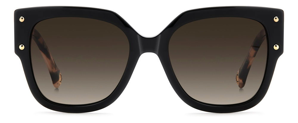 Front view of Carolina Herrera HER 0366/S Women Sunglasses with oversized square black frames, brown gradient lenses, gold rivet accents, and tortoiseshell-patterned arms—a bold style statement from Carolina Herrera Sunglasses.