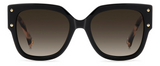 Front view of Carolina Herrera HER 0366/S Women Sunglasses with oversized square black frames, brown gradient lenses, gold rivet accents, and tortoiseshell-patterned arms—a bold style statement from Carolina Herrera Sunglasses.