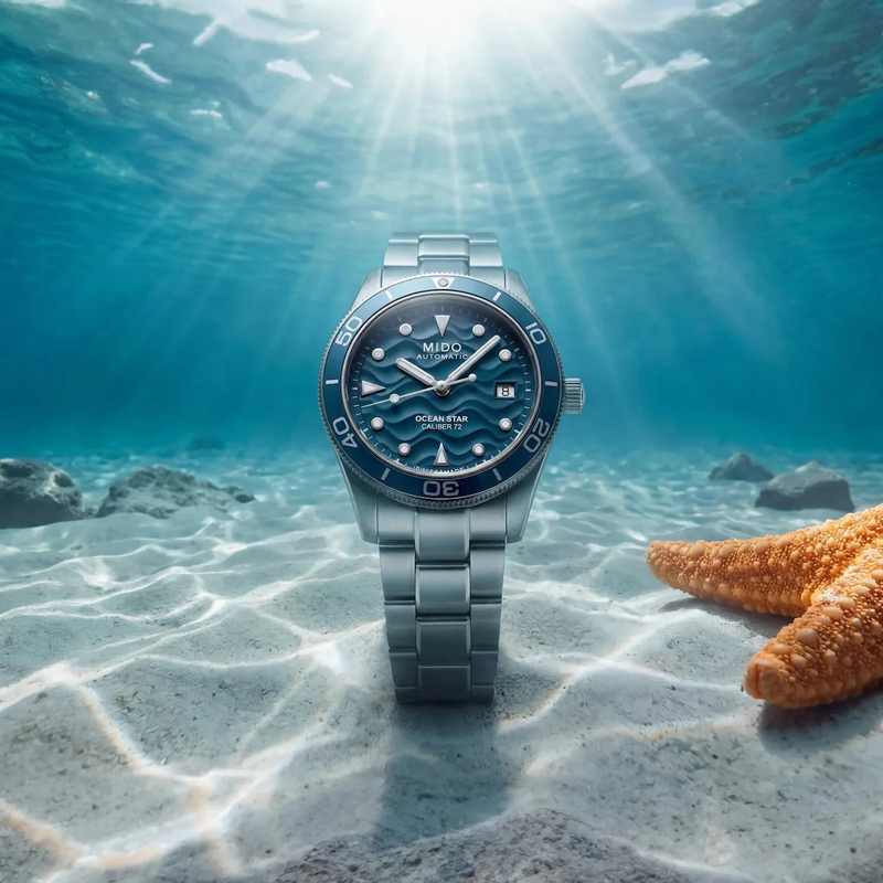 Mido Ocean Star 39 standing upright on the sandy ocean floor illuminated by sunlight through blue water