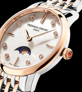 The Frederique Constant Classics Slimline Ladies Moonphase FC-206MPWD1S2B features a two-tone band, diamond mother-of-pearl dial, gold hands, moonphase display, and rose gold bezel elegantly set against a black background.