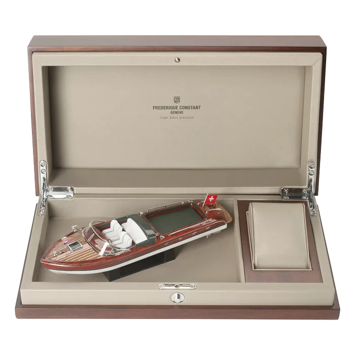 Frederique Constant Runabout Automatic FC-303RMLN5B6 limited edition wooden presentation box with miniature speedboat model and Swiss flag branding