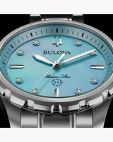 Close-up of the Bulova Watches Marine Star 96P248 Ladies (UPC: 042429597433), displaying a blue-green mother-of-pearl dial, silver hands, diamond hour markers, and stainless steel case/band. Water resistant to 100 meters.