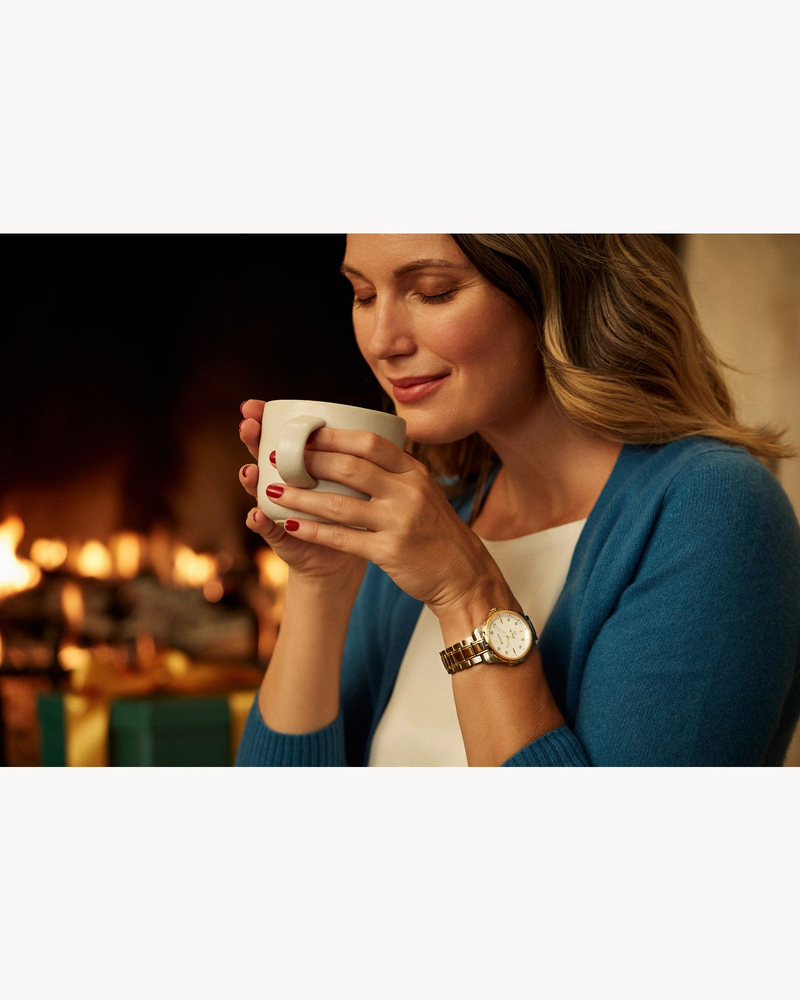 Woman wearing the Bulova Marine Star 98P227 Ladies watch, smiling while holding a mug near a fireplace
