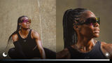 A female athlete with braided hair wears Oakley Meta Vanguard Sunglasses 0OW8001 800109 and a black tank top in two side-by-side images: one in dim light, one in bright sunlight. Crescent moon and sun icons appear at the bottom. Brand: Oakley Meta Sunglasses.