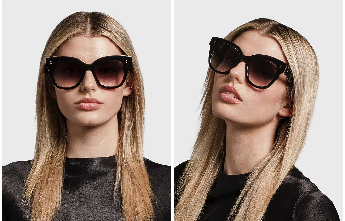 Two side-by-side photos show a woman with straight blonde hair in a black satin top wearing Dita Sunglasses DAY TRIPPER 22031-D-NVY-GLD-55-Z, posing against a light gray background—highlighting modern style and Japanese craftsmanship.