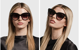 Two side-by-side photos show a woman with straight blonde hair in a black satin top wearing Dita Sunglasses DAY TRIPPER 22031-D-NVY-GLD-55-Z, posing against a light gray background—highlighting modern style and Japanese craftsmanship.