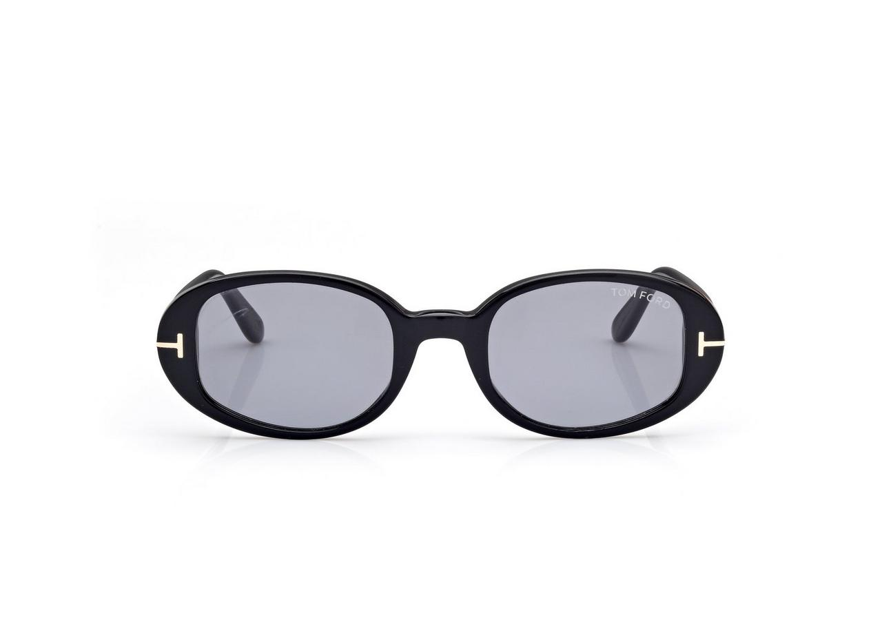Tom Ford Sunglasses FT1364/S 52N in black with dark lenses and gold T accents on the corners, displayed on a white background—an ideal Miami accessory.
