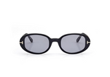 Tom Ford Sunglasses FT1364/S 52N in black with dark lenses and gold T accents on the corners, displayed on a white background—an ideal Miami accessory.