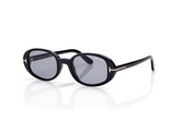Tom Ford Sunglasses FT1364/S 52N in black feature dark oval lenses, signature gold T accents on the temples, and a Tom Ford logo detail, capturing Miami chic style against a white background.