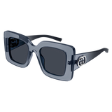 Gucci Sunglasses GG2025S-003 49 feature square, oversized dark blue translucent frames, black lenses, and silver logo accents on the arms—an elegant statement accessory shown on a white background.
