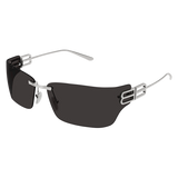 Balenciaga Sunglasses BB0485SA-001 76 feature dark rectangular lenses and slim silver metal arms, offering premium designer style by Balenciaga Sunglasses, shown on a white background.