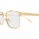 Cartier Sunglasses CT0613O-006 55: gold rectangular frames with clear lenses and thin metal design, elegantly displayed at an angle on a white background—luxury eyewear from Cartier Sunglasses.