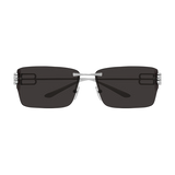 Balenciaga Sunglasses BB0485SA-001 76 feature a rectangular rimless design with dark lenses and slim silver metal temples, shown on a plain white background—ideal for trendsetters.