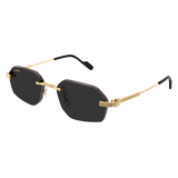 Cartier Men Sunglasses CT0616S-001 by Cartier Sunglasses feature gold rims, black geometric lenses, and thin angular arms, showcasing luxurious eyewear style against a light background.