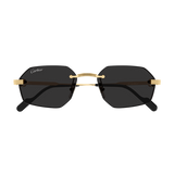 Front view of Cartier Men Sunglasses CT0616S-001 by Cartier Sunglasses, featuring rimless geometric black lenses and a gold metal bridge and temples, displayed on a plain white background.