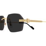 Close-up of Cartier Men Sunglasses CT0616S-001, featuring black angular lenses and thin gold metal arms, from Cartier Sunglasses—luxury eyewear presented on a plain white background.
