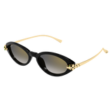 Cartier Men Sunglasses CT0634S-001 52 feature sleek black oval frames, gold arms, and leopard print details near the hinges, showcasing Cartier Sunglasses luxury. Displayed on a plain white background.