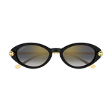 Cartier Men Sunglasses CT0634S-001 52 feature a black oval frame, gradient dark lenses, gold temple accents, and decorative hinge details—a luxurious Cartier Sunglasses design—displayed on a plain white background.