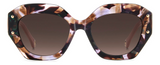 Carolina Herrera Sunglasses HER 0365/S S3 HA BROWN SHADED feature oversized, thick geometric marbled frames in brown, purple, and beige with large round dark brown lenses and gold accents for a bold statement.