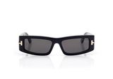 The Tom Ford ICON TI0026/S 01Z by Tom Ford Sunglasses features rectangular black luxury frames, dark lenses, and subtle gold accents on the sides, displayed against a white background.