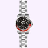 The Invicta Men’s 9403 Pro Diver Automatic 3 by Invicta Watches features a silver metal bracelet, black dial, date window, and a striking red and black bezel. Shown on a light background, this automatic men’s watch blends classic Pro Diver design with contemporary functionality.