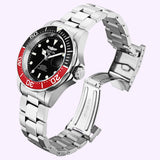 The Invicta Men’s 9403 Pro Diver Automatic 3 by Invicta Watches features a silver metallic strap, a black watch face, and a red and black bezel with an open clasp. Displayed at an angle on a light purple background, this striking men’s automatic watch captures the timeless appeal of Invicta’s classic Pro Diver design.