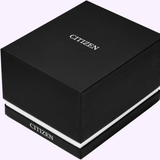 A closed black Citizen Watches box with white text displaying the brand name “CITIZEN” on the lid and base is set against a pale lavender background, providing an elegant presentation for your Citizen Watches TSUYOSA Shore NJ0230-59L or any timepiece featuring a striking blue sunray dial.