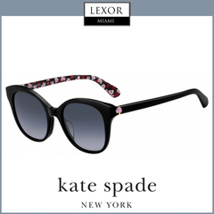 Kate Spade Sunglasses BIANKA/G/S (UPC: 716736282886) in black, featuring dark gradient lenses and floral-patterned inner arms, shown on a white background with the Lexor Miami logo above.
