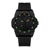 The Luminox Watches Pacific Diver XS.3121.BO.1 (UPC: 7611382668004) from Luminox Watches features a sleek black design with a matching black band, glowing green hour markers, and striking orange accents on the hands. The watch displays the time as 10:09 and shows the date as 31. Built for tactical use, this Swiss Made dive watch showcases meticulous craftsmanship and proudly displays the Luminox logo at the center top of its face.