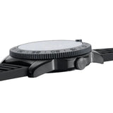 Side view of the Luminox Watches Pacific Diver XS.3121.BO.1, featuring a black textured bezel, durable black rubber strap, and a slightly raised crystal face. The crown is visible on the right side of the case, emphasizing the rugged design and Swiss Made quality of this Luminox Watches dive timepiece (UPC: 7611382668004).