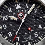 Luminox XA.9522.VOL Volition America pilot watch with GMT movement, black carbon fiber dial, and stainless steel case.