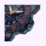 Side profile of Luminox XS.3253.CBNSF.SET showing 14mm case thickness, screw-in crown, and sapphire crystal