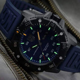 Close-up of the Luminox Master Carbon SEAL Automatic XS.3863 Swiss luxury dive watch featuring a blue dial, CARBONOX™+ case, and sapphire crystal.
