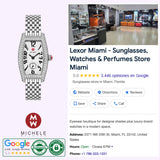 A Michele Watches Special Edition Coquette Diamond Stainless Steel MWW08B000285, a luxurious timepiece by Michele Watches, is pictured next to a Google business listing for Lexor Miami—a retailer offering sunglasses, watches, and perfumes—which displays a 5-star rating, the store’s address, phone number, and operating hours.