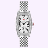 Introducing the Michele Watches Special Edition Coquette Diamond Stainless Steel MWW08B000285 by Michele Watches—a luxurious timepiece showcasing a rectangular stainless steel face, diamond-studded bezel, metal link bracelet, distinctive slanted black numerals, and a small seconds subdial positioned above 6 o’clock.